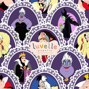May include: A seamless pattern design featuring cartoon villains in white lace-trimmed oval frames on a purple background. The central logo reads luvelle paperie seamless pattern design with a small illustrated child peeking over the top.