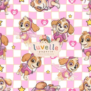 May include: A seamless pattern design featuring cartoon dogs in pink aviator gear, scattered yellow stars, and pink paw print hearts on a light pink and white checkered background. A central label displays the text luvelle paperie.