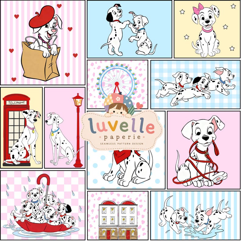 Dalmatian Patchwork Seamless Pattern, Puppy Cartoon Quilt, Kids Fabric (Digital Download)