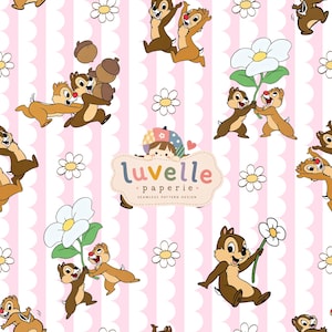 May include: A seamless pattern design featuring brown chipmunks, white daisies, and acorns on a light pink background with vertical scalloped white stripes. The centre displays a logo with the text luvelle paperie seamless pattern design.