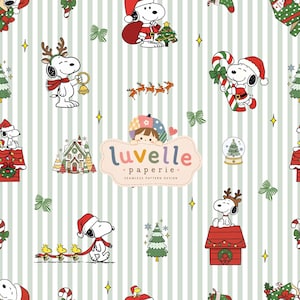May include: A seamless pattern design featuring Snoopy and Woodstock in various Christmas scenes, including Santa hats, reindeer antlers, candy canes, and decorated trees, set against a light green and white vertical striped background.