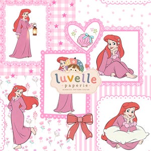 May include: A seamless pattern design featuring the character Ariel in a pink nightgown, surrounded by pink gingham, polka dots, floral motifs, a heart-shaped frame with a seashell, and a pink bow. The text luvelle paperie is centered.