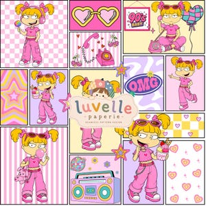 90s Cartoon Girl Seamless Pattern, Retro Y2K Patchwork, Kids Fabric (Digital Download)