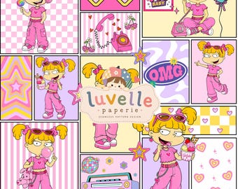 Motif sans couture de fille de dessin animé des années 90, patchwork rétro Y2K, tissu pour enfants (téléchargement numérique)