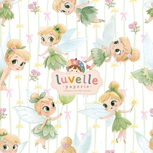 Green Fairy Seamless Pattern, Pastel Stripe Floral Nursery Fabric (Digital Download)