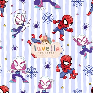 May include: A seamless pattern design featuring cartoon Spider-Man and Spider-Gwen characters, blue spiderwebs, small spiders, and yellow stars on a light blue vertical striped background, with a central logo reading luvelle paperie.