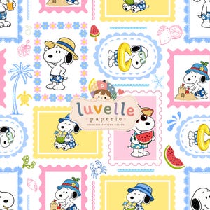 May include: A seamless pattern design featuring Snoopy in various summer activities like swimming, building sandcastles, and eating watermelon. The design includes colorful postage stamp-style frames, tropical icons, and the text luvelle paperie.