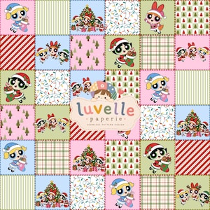 May include: A seamless pattern design featuring The Powerpuff Girls in Christmas attire, including Santa hats, stockings, and holiday trees. The grid layout alternates between character illustrations, festive light strings, plaid, and pine tree motifs. Text reads luvelle paperie.