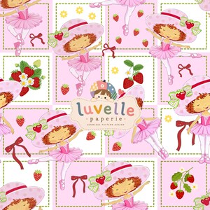 Nahtloses Muster „Erdbeer-Ballerina“, Patchwork-Muster „Rosa Ballettmädchen“, Mädchenstoff (Digitaler Download)