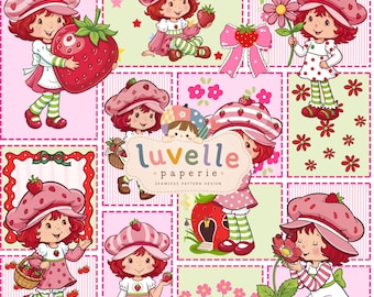 Strawberry Girl Seamless Pattern, Berry Patchwork, Kids Fabric (Digital Download)