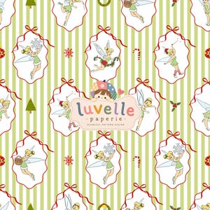 May include: A seamless pattern featuring a light green and white striped background with repeating illustrations of a fairy in various poses inside red-outlined ornament shapes. The text luvelle paperie is centered in a scalloped badge.