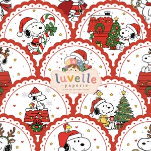 May include: A seamless pattern design featuring Snoopy in various Christmas scenes, including wearing a Santa hat, decorating a tree, and holding a candy cane. The design is framed by red scalloped borders with small hearts and stars.