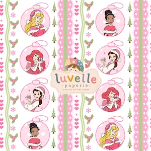 Christmas Princess Seamless Pattern, Holiday Ornament Digital Paper, Girls Fabric (Digital Download)