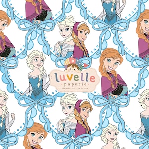 May include: A seamless pattern design featuring repeating illustrations of two animated characters with blonde and auburn hair, framed by light blue bows and scalloped borders. The text luvelle paperie is centered in the middle.