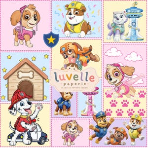 Op de afbeelding: Een digitale illustratie met diverse Paw Patrol personages waaronder Skye, Rubble, Everest, Marshall en Chase, samen met een hondenhok, de uitkijktoren en pootafdrukken. De centrale tekst luidt luvelle paperie seamless pattern design.