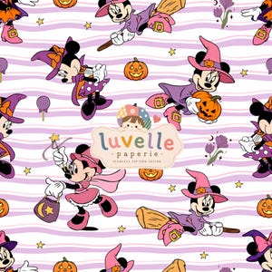 May include: A seamless pattern design featuring Minnie Mouse dressed as a witch in various poses with pumpkins, lollipops, and stars on a white background with light purple wavy lines. The centre includes a logo with the text luvelle paperie.