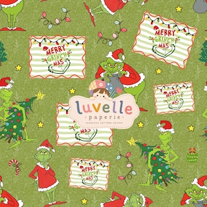 Puede incluir: Un diseño de patrón continuo con un personaje verde con traje de Papá Noel, árboles de Navidad, luces de cadena y letreros rectangulares con el texto Merry Grinchmas sobre un fondo verde oliva claro con sutiles patrones de líneas blancas.