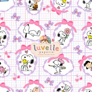 May include: A seamless pattern design featuring Snoopy and friends in scalloped frames with pink bows, set against a light grid background. The central logo reads luvelle paperie seamless pattern design with a small illustrated character.