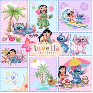 May include: A digital collage featuring Lilo and Stitch characters in various tropical scenes, including surfing, hula dancing, and picnicking. The central logo reads luvelle paperie seamless pattern design, surrounded by palm trees, flowers, and seashells.