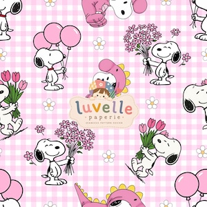 May include: A seamless pattern design featuring Snoopy characters on a pink and white gingham background. The design includes Snoopy holding pink balloons or bouquets of pink flowers, interspersed with small white daisies and a central logo.