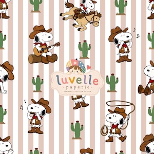 Könnte beinhalten: Ein nahtloses Musterdesign mit Snoopy als Cowboy mit Hüten, Stiefeln und Westen, der Gitarre und Mundharmonika spielt und Lassos benutzt. Der Hintergrund hat vertikale beige Streifen und grüne Kakteen. Der Text lautet luvelle paperie.