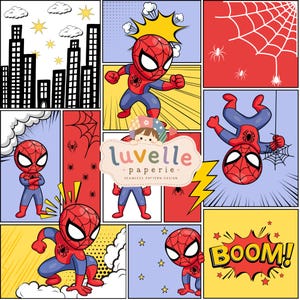 May include: A comic book style digital pattern featuring a red and blue costumed character in various action poses, city skylines, spider webs, and the text "luvelle paperie" with "SEAMLESS PATTERN DESIGN" and the word "BOOM!" in a yellow speech bubble.