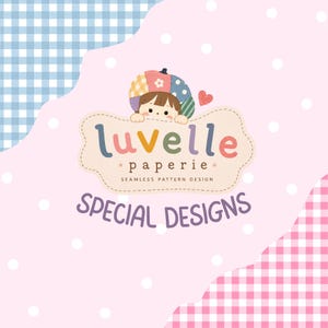 May include: A logo for luvelle paperie featuring a cartoon character with a patchwork hat peeking over a beige scalloped sign. The text reads luvelle paperie seamless pattern design and SPECIAL DESIGNS in purple, set against a pink polka dot background.