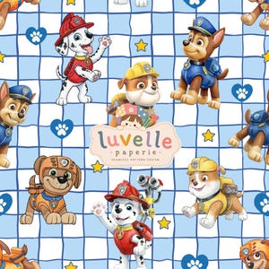 May include: A seamless pattern design featuring Paw Patrol characters including Marshall, Chase, and Rubble on a light blue and white grid background with yellow stars and blue paw print hearts. The centre displays the text luvelle paperie.