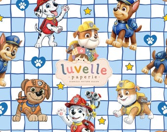 Motif sans couture Chien de sauvetage, imprimé chiot à carreaux bleus, tissu pour enfants (téléchargement numérique)