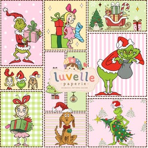 Green Christmas Villain Patchwork Seamless Pattern, Whimsical Holiday Fabric (Digital Download)