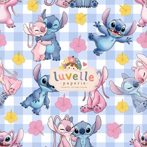 Alien Friends Seamless Pattern, Blue Gingham Tropical Digital Paper (Digital Download)