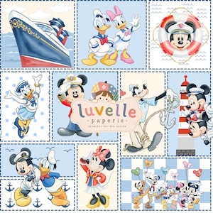 May include: A seamless pattern design featuring Disney characters in nautical outfits, including Mickey Mouse, Donald Duck, Daisy Duck, and Goofy. The print displays cruise ships, lighthouses, anchors, and lifebuoys with the text luvelle paperie.