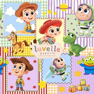 May include: A seamless pattern design featuring cartoon characters from Toy Story, including Woody, Jessie, Buzz Lightyear, Bullseye, Rex, and an alien. The design includes colorful blocks, stars, and the text 'luvelle paperie' in the center.