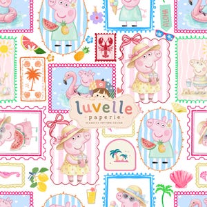 May include: A seamless pattern design featuring Peppa Pig in various summer scenes, including wearing a straw hat, drinking from a cup, and holding a watermelon slice. The design includes postage stamp frames, palm trees, shells, and the text luvelle paperie.
