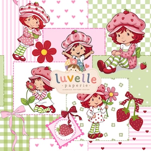 Könnte beinhalten: Ein nahtloses Musterdesign mit Zeichentrickfiguren mit roten Haaren, die erdbeerthematische Hüte und Kleider tragen, durchsetzt mit Erdbeeren, rosa Schleifen und Blumen auf einem Hintergrund aus rosa Streifen und grünen Karos mit dem Text luvelle paperie.