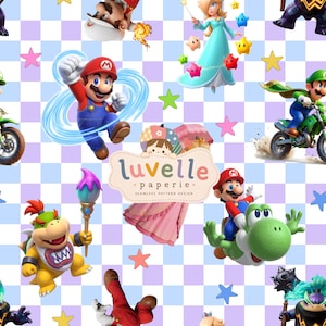 May include: A seamless pattern design featuring Mario, Luigi, Rosalina, Bowser Jr., and Yoshi on a light blue and lavender checkered background with colourful stars. The centre displays a logo with the text luvelle paperie seamless pattern design.