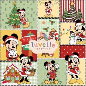May include: A digital collage of Christmas-themed illustrations featuring Mickey and Minnie Mouse in Santa outfits, a gingerbread house, a snowman, and a decorated tree. The centre includes the text luvelle paperie seamless pattern design.