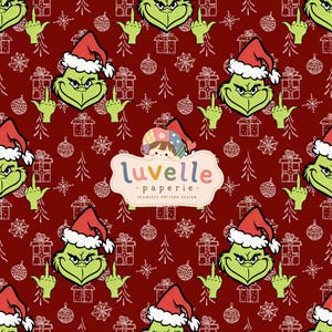 May include: A seamless pattern design on a dark red background featuring repeating illustrations of a green character wearing a Santa hat, making an offensive hand gesture, interspersed with white line drawings of gift boxes, ornaments, and snowflakes.
