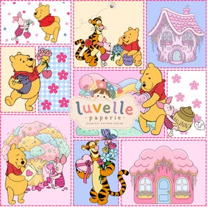Puede incluir: Un collage digital con personajes de Winnie the Pooh, incluyendo a Piglet, Tigger y Pooh en varias escenas con flores, tarros de miel y casas rosas. El logotipo central dice luvelle paperie seamless pattern design.