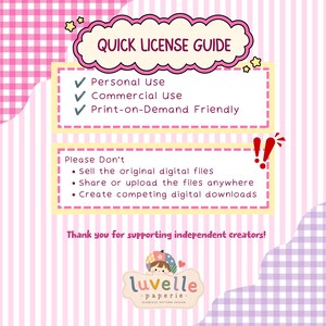 May include: A pink and white striped graphic with a Quick License Guide. It lists Personal Use, Commercial Use, and Print-on-Demand Friendly with checkmarks. It also lists restrictions on selling, sharing, or uploading files, and includes the Luvelle Paperie logo.