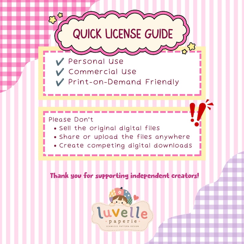 May include: A pink and white striped graphic with a Quick License Guide. It lists Personal Use, Commercial Use, and Print-on-Demand Friendly with checkmarks. It also lists restrictions on selling, sharing, or uploading files, and includes the Luvelle Paperie logo.