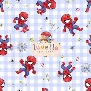 Superhero Seamless Pattern, Blue Gingham Web Print, Kids Fabric (Digital Download)