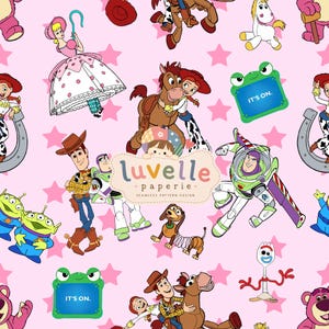 Diseño sin costuras de Toy Friends, estampado de dibujos animados en rosa, tela infantil (descarga digital)