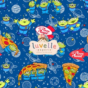 May include: A seamless pattern design featuring green three-eyed aliens in blue space suits, slices of pepperoni pizza, and planets on a dark blue background. The design includes Pizza Planet logos and a central label reading luvelle paperie.