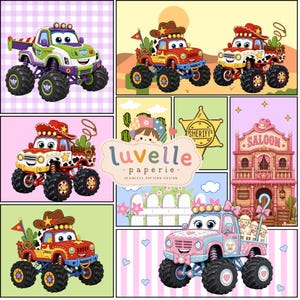 Cowboy Truck Seamless Pattern, Western Kids Digital Paper, Fabric Print (Digital Download)