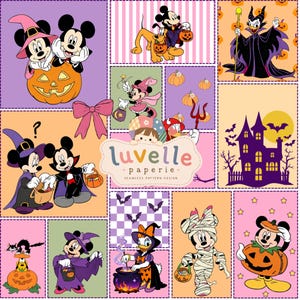 Puede incluir: Un collage digital con personajes de Disney en disfraces de Halloween, incluyendo a Mickey y Minnie Mouse, Pluto, el Pato Donald y Maléfica. El diseño incluye calabazas, una casa embrujada, murciélagos y el texto luvelle paperie seamless pattern design.