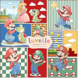 May include: A digital illustration featuring a seamless pattern design with Mario, Luigi, Princess Peach, and Yoshi characters. The artwork includes game elements like gold coins, mushrooms, clouds, and pipes, with the text luvelle paperie.