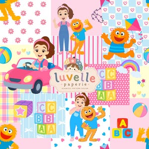 Könnte beinhalten: Ein nahtloses Musterdesign mit Cartoon-Illustrationen eines Kindes mit braunen Haaren, einer orangefarbenen pelzigen Kreatur, einem rosa Auto, bunten Alphabet-Blöcken, Drachen, Regenbögen und Blumen. Der Text luvelle paperie ist mittig platziert.