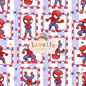 May include: A seamless pattern design featuring a cartoon superhero in a red and blue suit with a spider emblem. The character is shown in various poses within rectangular frames on a light blue and white striped background with small stars.
