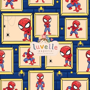 May include: A seamless pattern design featuring a dark blue brick background with yellow framed squares containing cartoon illustrations of a red and blue superhero character in various poses, along with small yellow stars and black spider icons.